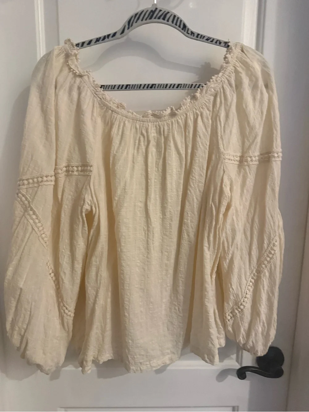 Max Studio Cream Boho Peasant Blouse with Crochet Trim XL